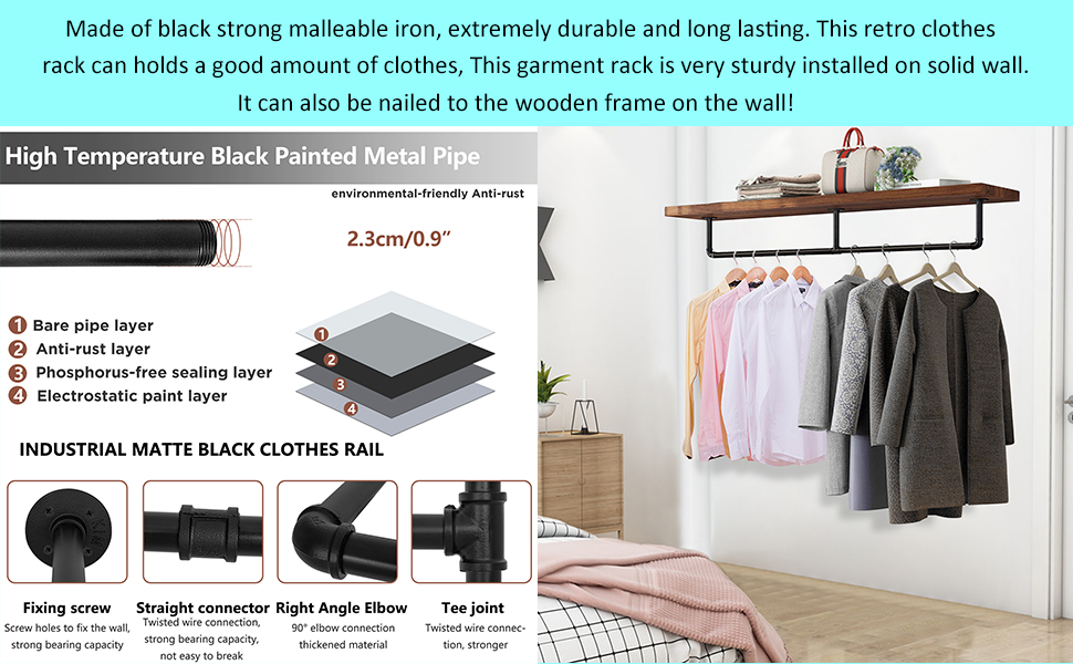 BQKOZFIN Industrial Pipe Wall Mounted Clothes Rack Width