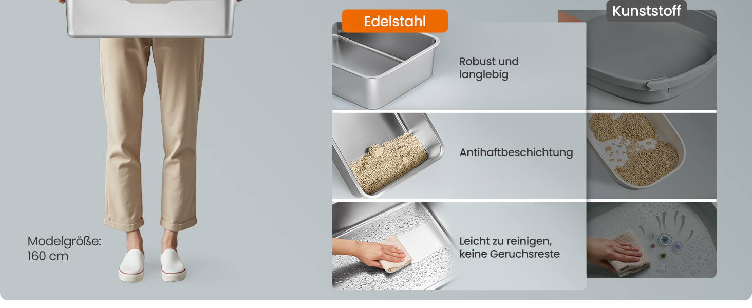 Vergleichstabelle mit Lebensmittelbehältern aus Edelstahl und Kunststoff. Hebt die Haltbarkeit, die antibakteriellen Eigenschaften und die einfache Reinigung von Edelstahl hervor. Zeigt eine Person in beigen Hosen und weißen Schuhen.