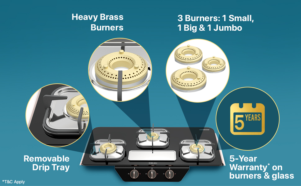 Bajaj Gf8 Frameless Glasstop Gas Stove, 3 Burner with 1 Jumbo Burner