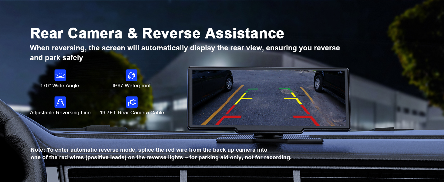 Text reads 'Rear Camera & Reverse Assistance'. Vehicle backup camera display showing guidance lines and multiple camera view options on dark background.