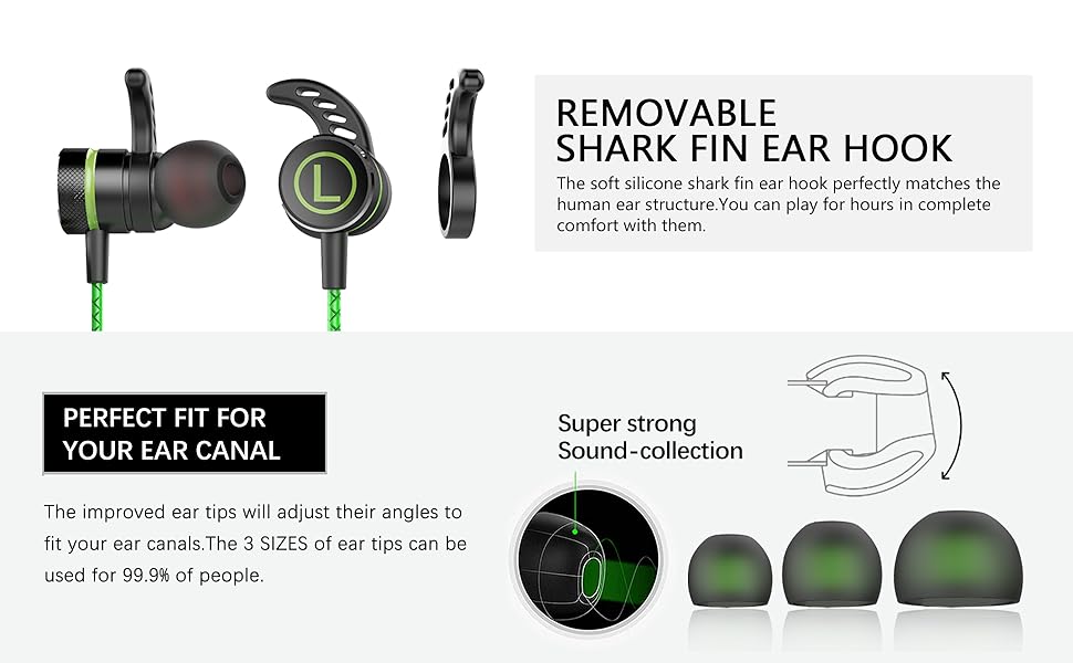 Black and green wireless earbuds with shark fin-shaped ear hooks, showing product features and fit specifications in technical diagram.