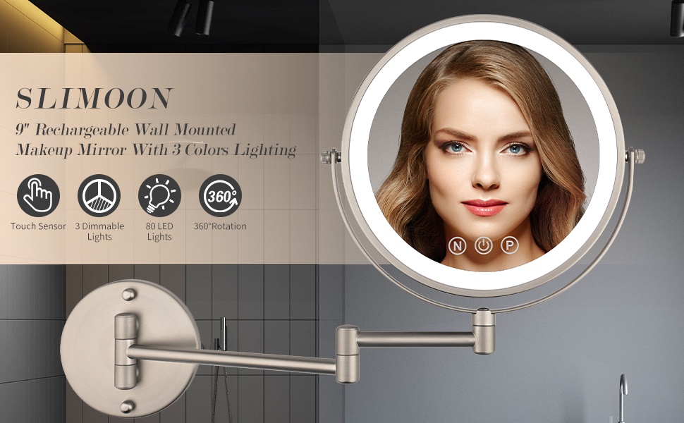 SLIMOON 9" Wall Mounted Lighted Makeup Mirror with Magnification, 1X/10X Magnifying