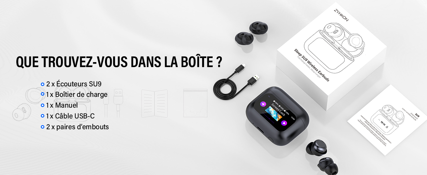 Le texte se lit comme suit : « QUE TROUVEZ-VOUS DANS LA BOÎTE ? » avec illustration de l'appareil électronique et de ses accessoires.