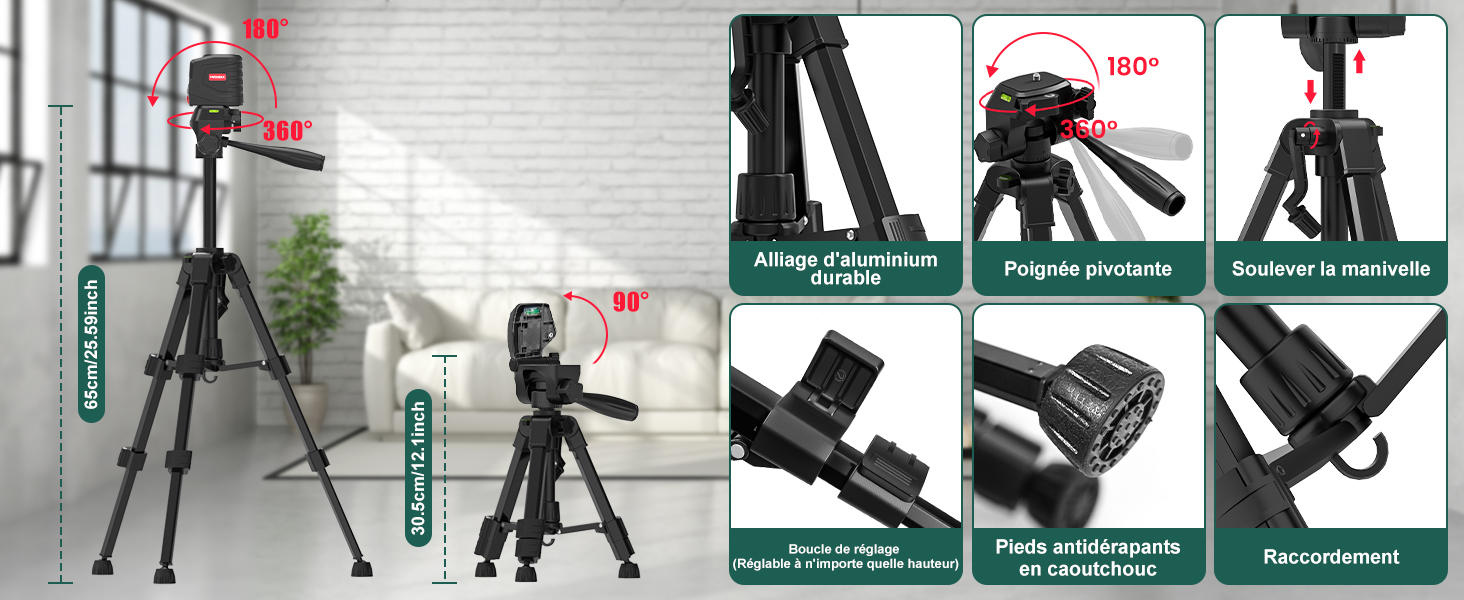 Trépied d'appareil photo réglable avec plusieurs caractéristiques présentées : inclinaison à 180 degrés, rotation à 360 degrés, pieds pliables, support pour smartphone et plaque à dégagement rapide. Hauteur maximale 140 cm, minimum 45