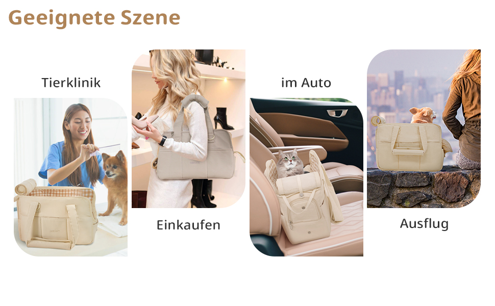 Produktdemonstration auf vier Feldern, die eine beige Handtasche in verschiedenen Nutzungsszenarien zeigt: Tierklinik, Einkaufen, Autoinnenraum und Ausflug ins Freie.