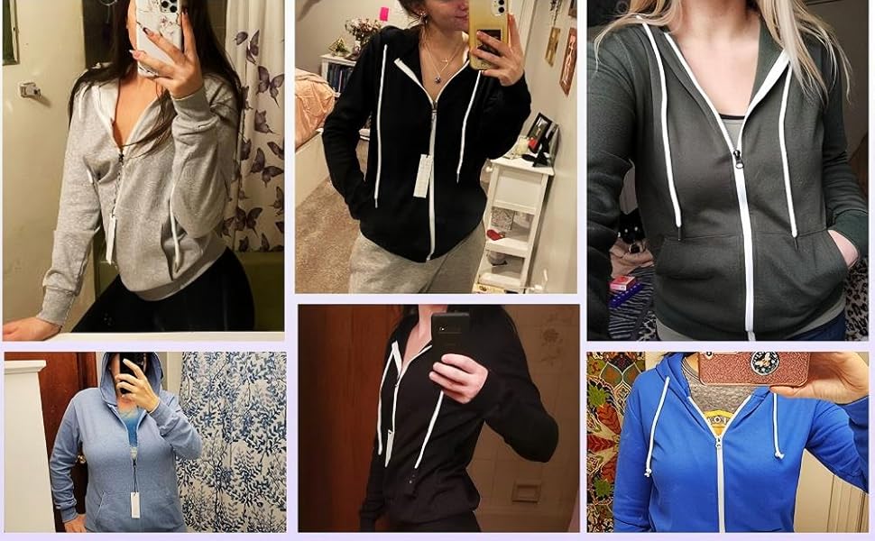 Collage de six photos montrant des sweat-shirts à capuche de différentes couleurs, dont le gris, le noir et le bleu, présentant différents angles et options de style.