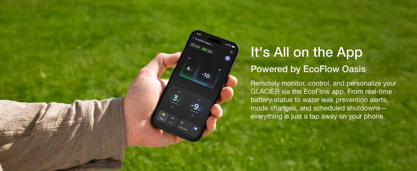 Hand holding smartphone displaying dark-themed app interface with graphs and metrics. Screen shows 'It's All on the App' and 'Powered by EcoFlow Oasis'.
