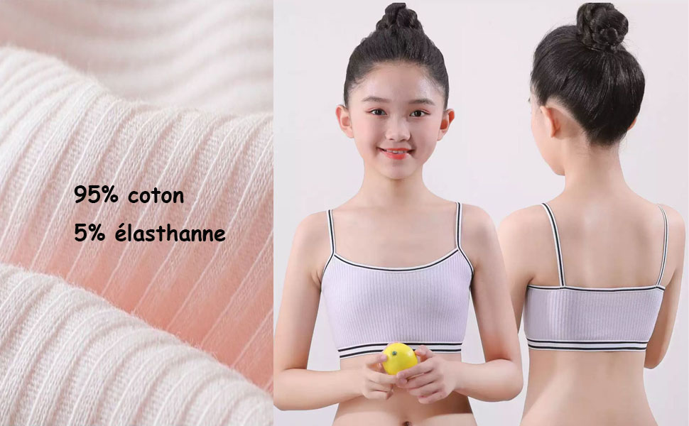 Le texte indique « 95 % coton, 5 % élasthexène ». Vêtement d'entraînement pour jeunes présenté de face et de dos, en tissu gris à fines bretelles.