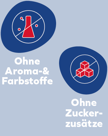 Zwei blaue kreisförmige Symbole auf hellem Hintergrund. Eines zeigt eine durchgestrichene Laborflasche, das andere zeigt durchgestrichene Würfelzucker. Im deutschen Text steht „Ohne Aroma & Farbstoffe“ und „Ohne Zuckerzusätze“.