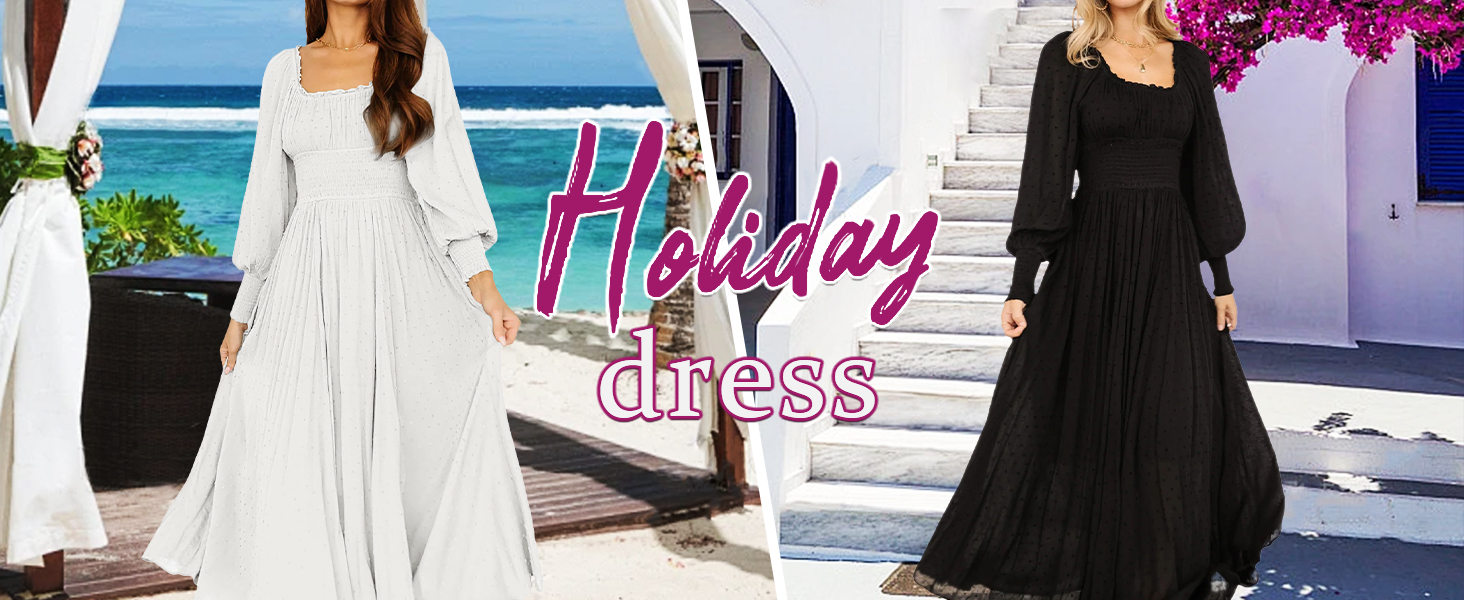 Women's Puff Long Sleeve Square Neck Elastic Empire Waist Swiss Dots Casual Flowy A-Line Maxi Dress