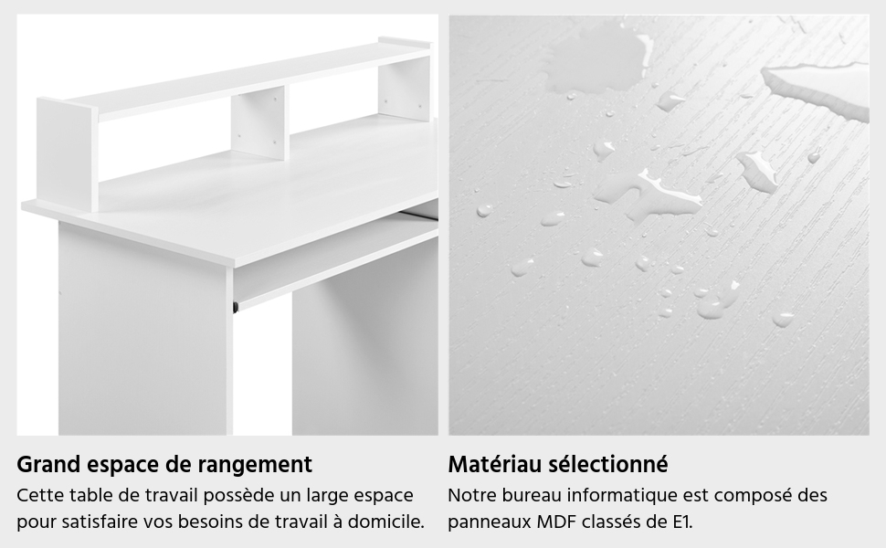 Bureau blanc avec étagère supérieure et compartiments de rangement. L'image divisée montre des gouttelettes d'eau sur une surface, illustrant un matériau résistant à l'eau