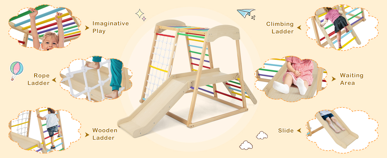 Illustrated assembly instructions for a children's climbing frame showing multiple configuration options and setup steps.