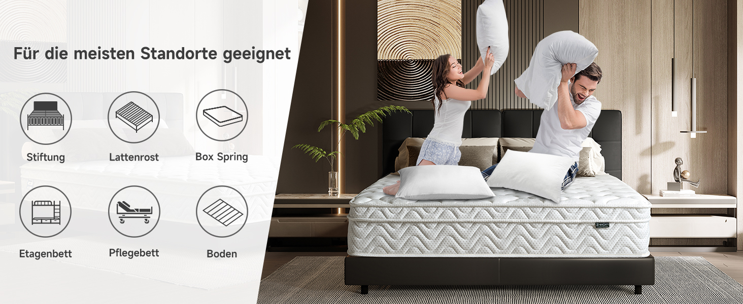 Werbung für Matratzen, die die Kompatibilität mit verschiedenen Betttypen zeigt. Das Bild zeigt ein Paar auf einer Matratze. Die Symbole weisen auf die Eignung für Lattenroste, Boxspringbetten und