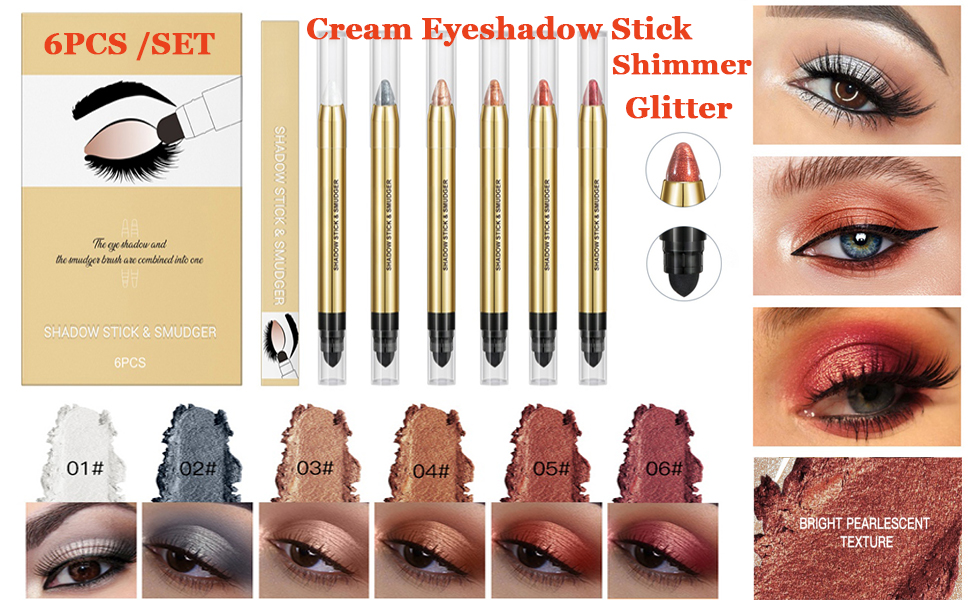 6PCS Cream Eyeshadow Stick, Shimmer Eye Shadow Stick