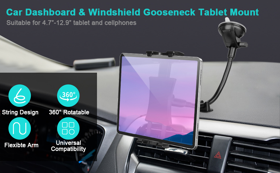 Car Dashboard Windshield Tablet Mount, 13" Long Arm Gooseneck, 360