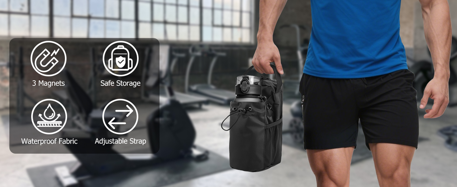 Conteneur portable noir avec des icônes montrant des caractéristiques d'étanchéité et de durabilité, illustrées dans le contexte du fitness en plein air.