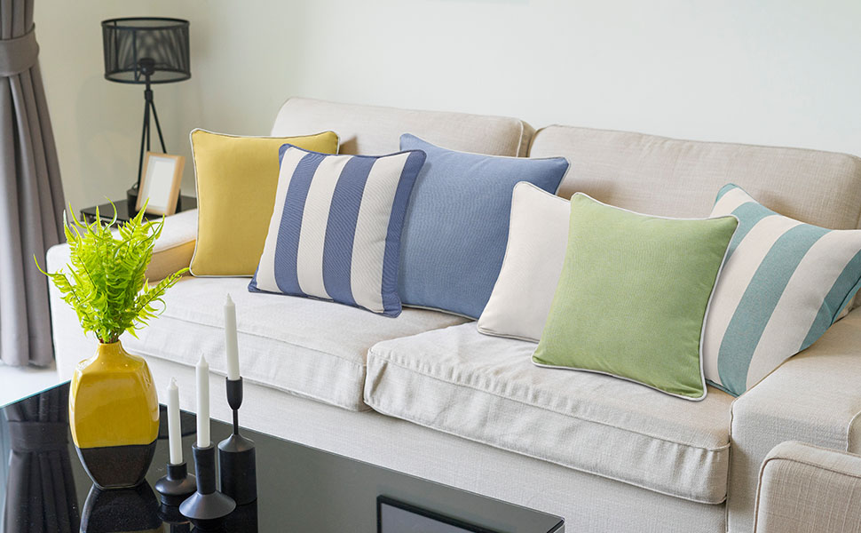 Modern sofa cushions, colorful home decor, soft throw pillows