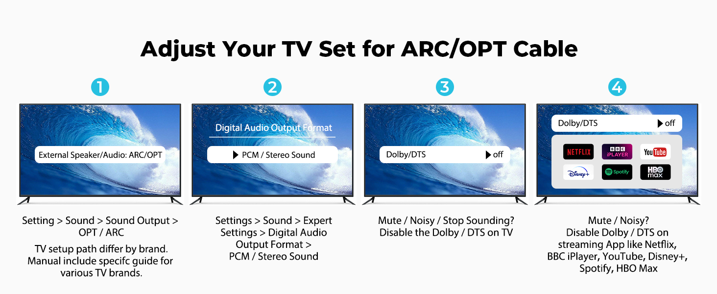 Text reads 'Adjust Your TV Set for ABC/DPT Cable'. Series of TV screen setup instructions showing menu navigation steps with remote control icons and screen display options.