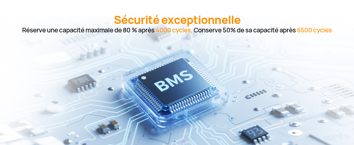 avec puce BMS bleue. Texte : « Sécurité exceptionnelle ». Texte français sur la capacité et les cycles. Fond blanc avec motifs de circuits.