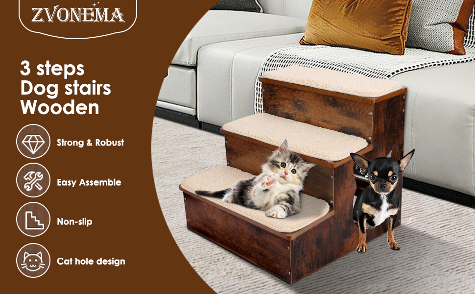 ZNM Wooden Dog Steps, 3 Step Pet Stairs with Cat Holes for Dogs Cats