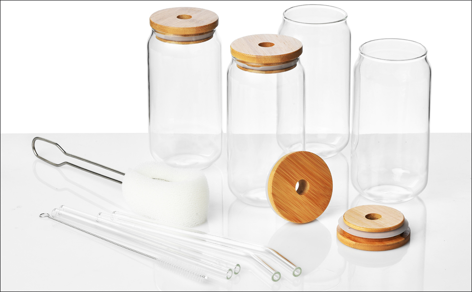 ALINK Beer Can Glass with Bamboo Lids and Glass Straws 4pcs Set, 20oz Drinking Glasses with Lid