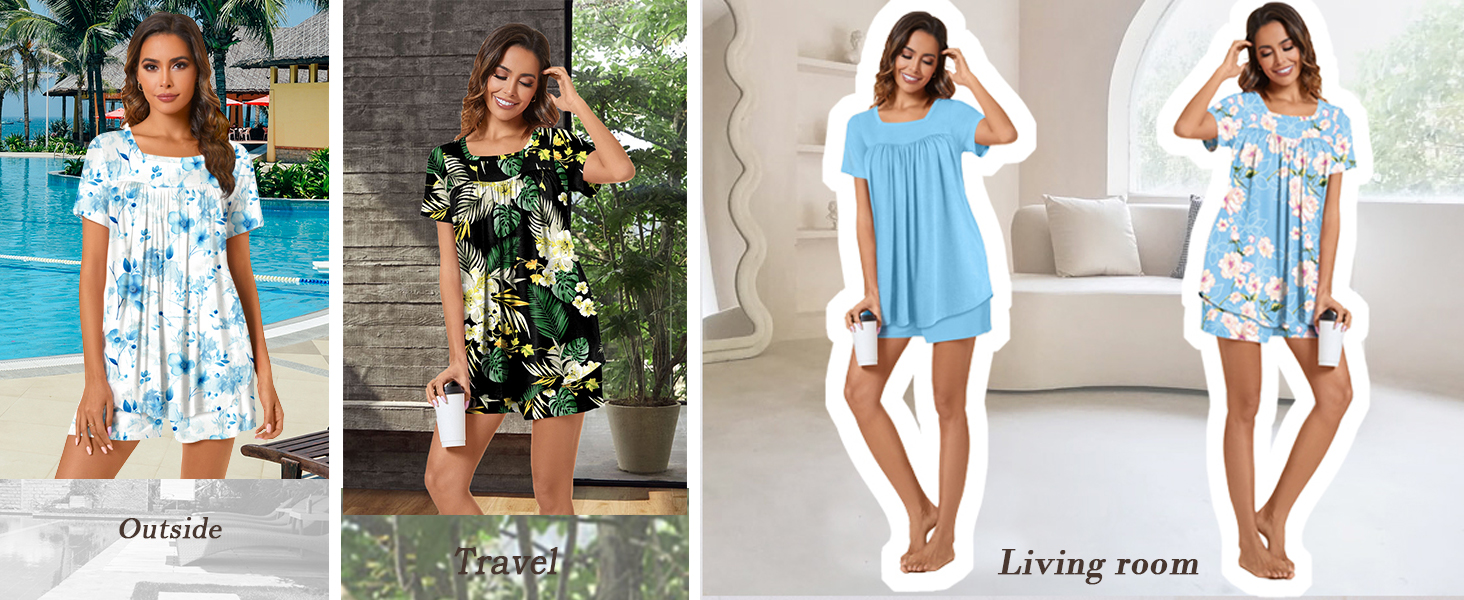 Anydeer Women Summer Pajama Sets Short Sleeve 2 Piece Chest Pleated Pjs Lounge Pants With Pockets