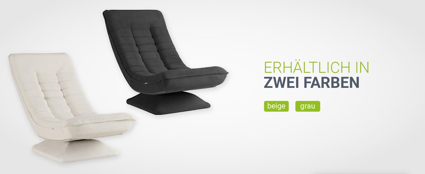 Moderner Loungesessel in zwei Farbvarianten – Schwarz und Weiß, mit gestepptem Kissendesign und geschwungener Basisstruktur.