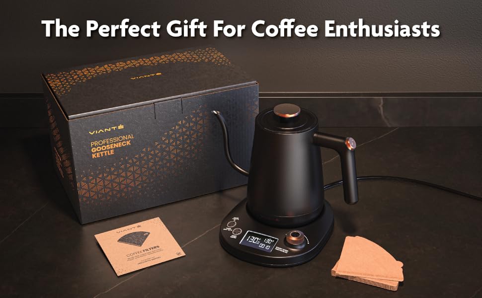 gooseneck kettle and coffee filters with back giftbox