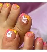 French Tip Press on Toenails Short Square Fake Toe Nails with Designs Colorful Flower Glue on Nai...