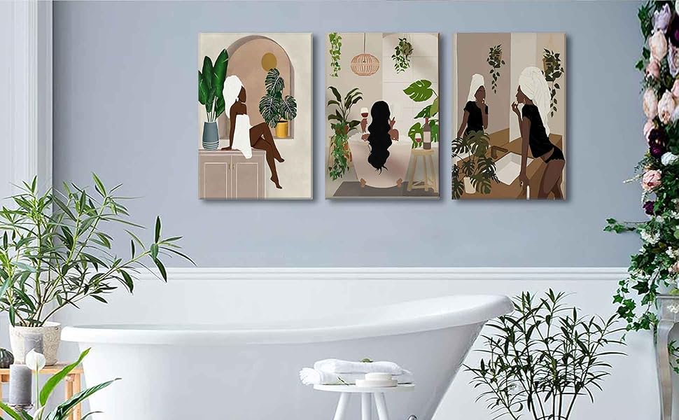 3Pcs Black Girl Bathroom Wall Art