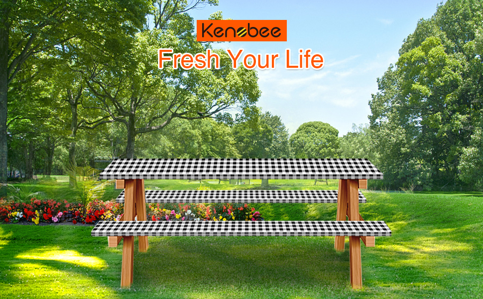 KENOBEE Picnic Table and Bench Fitted Tablecloth Cover, 3Piece Set