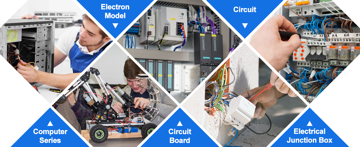 Composite image showing various electrical and electronic work scenarios, including computer repair, circuit board assembly, and electrical wiring, highlighting different aspects of the field.