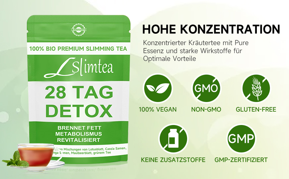 Slimtea 28 Day Detox tea package in green and white design, featuring vegan, non-GMO, and gluten-free certification symbols.