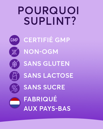 Le texte se lit comme suit : « POURQUOI SUPLINT ? » suivi d'icônes de certification et de texte : « CERTIFIE GMP, NON-OGM, SANS GLUTEN, SANS LACTOSE, SANS SUCRE, FABRIQUE AUX PAYS-BAS » sur fond dégradé violet.