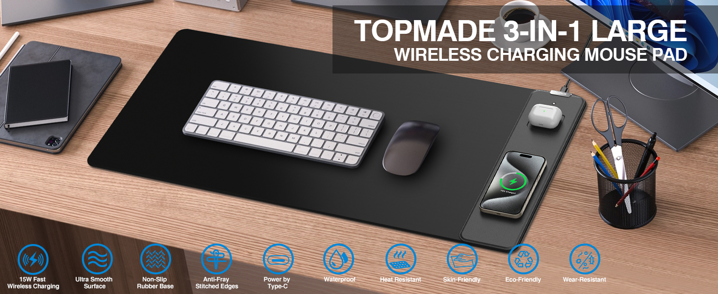 topmade 3-in-1 large wireless charging mouse pad