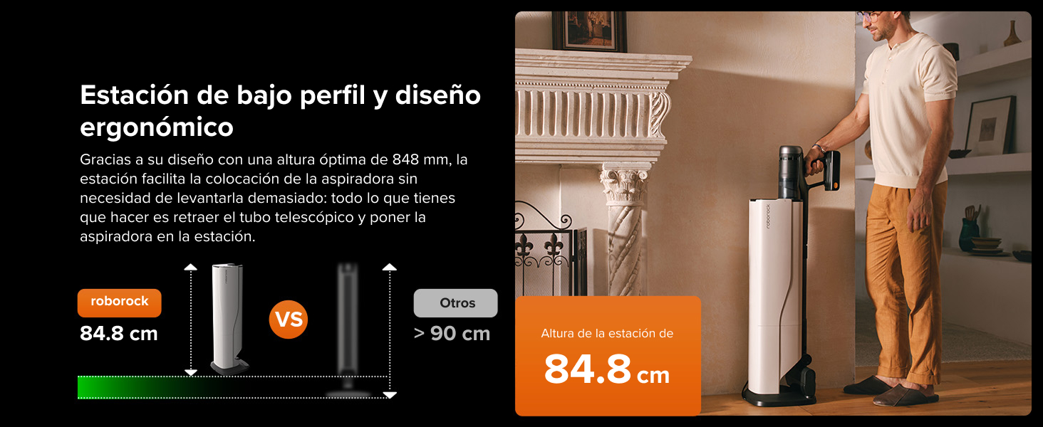 El texto dice «84,8 cm». Demostración del producto que muestra información sobre medidas altura o tallas con elementos gráficos de color naranja y blanco.