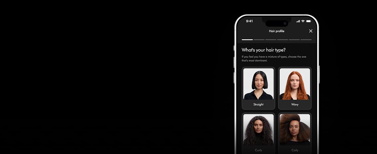Ein Smartphonebildschirm, auf dem ein Nutzer sein Haarprofil in der MyDyson App einrichtet.