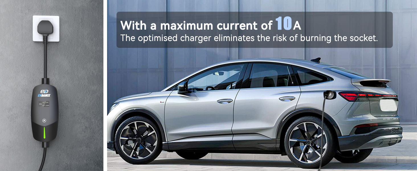 Text reads 'With a maximum current of 18A'. Silver luxury sedan car shown from side profile against dark background with charging socket visible.