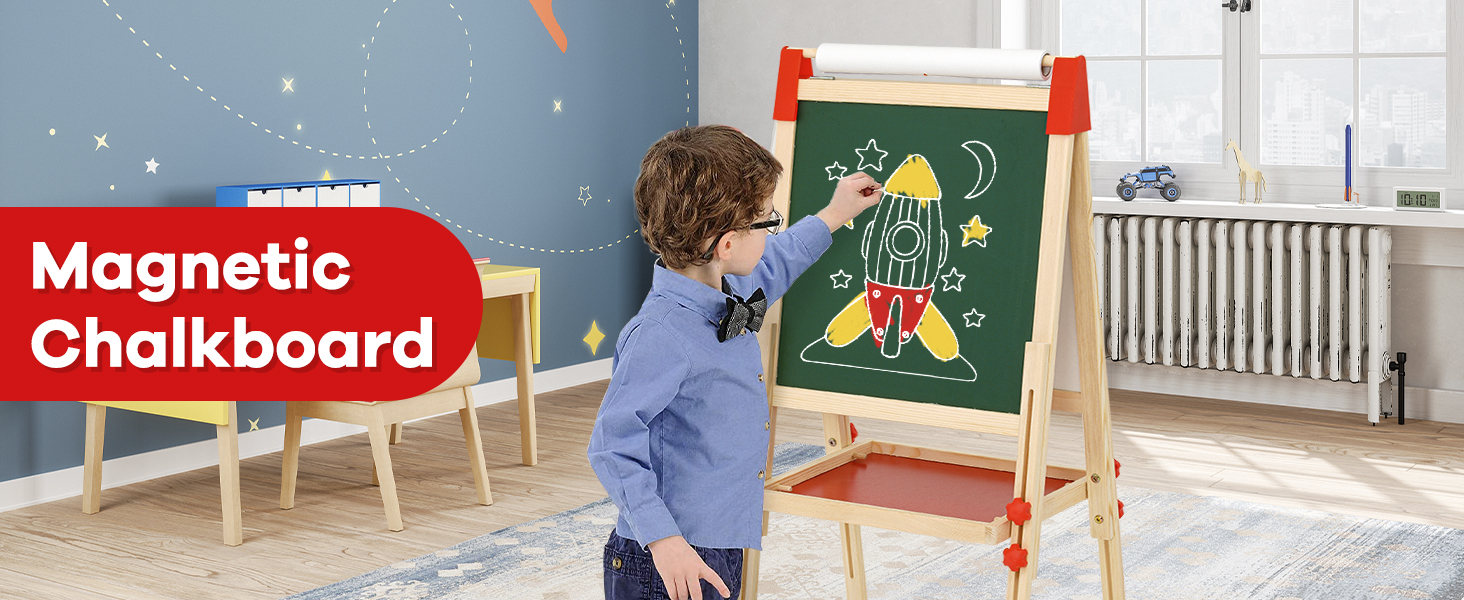 Kid Easel with Paper Roller DoubleSided Whiteboard & Chalkboard