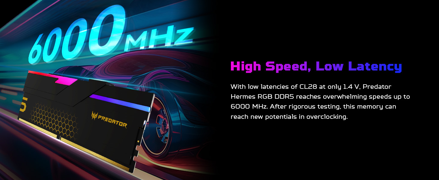 Text reads '6000MHz' and 'High Speed, Low Latency'. RGB RAM module displaying blue lighting effects against dark background.