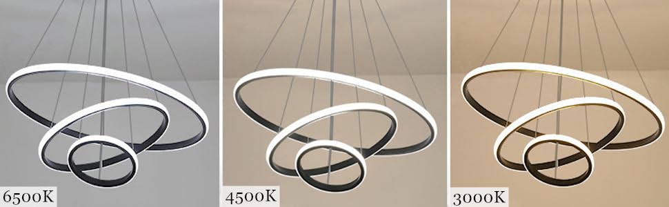Lampe à Suspension Au Plafond Cercle Noir 3 Anneaux 76 W Plafonniers à LED En Aluminium Diamètre 60 Cm, Lustre Moderne à LED 6000K 11 Plafonnier LED
