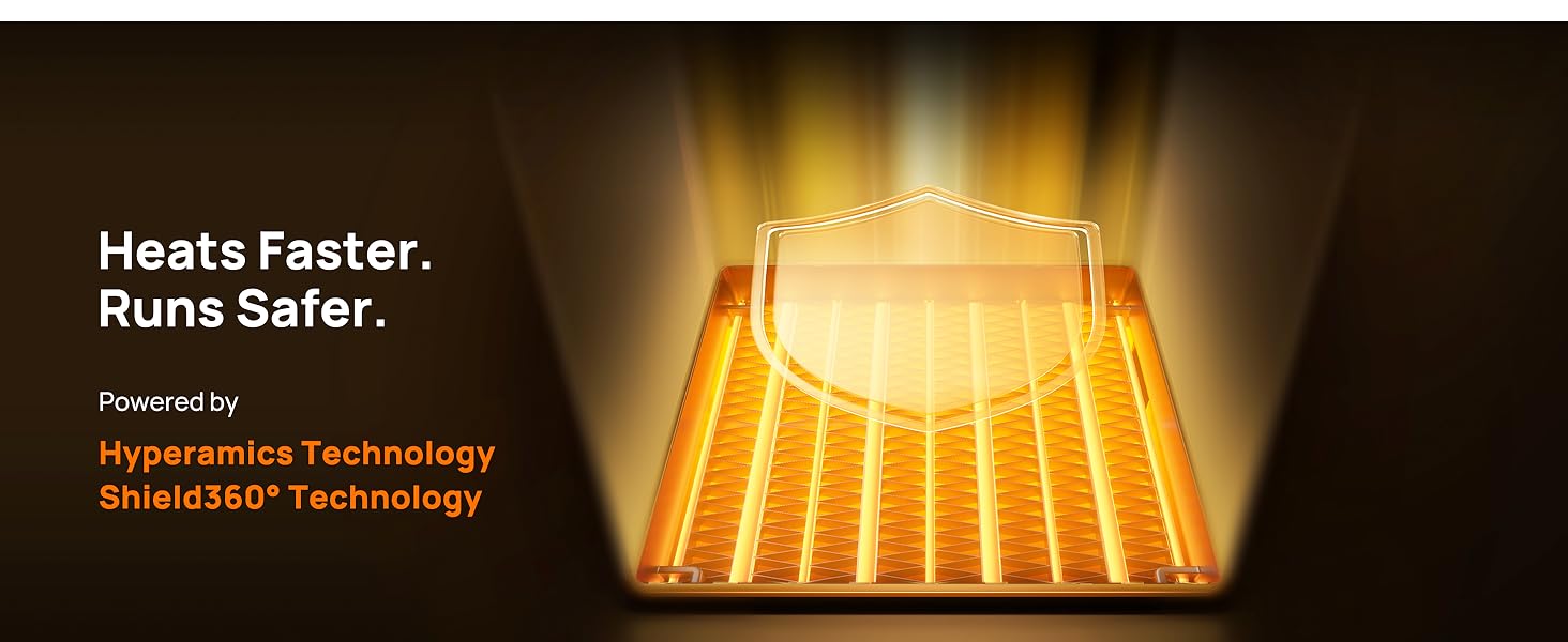 Heating technology demonstration showing orange-yellow heat pattern glowing across surface, with text indicating faster and safer heating capabilities.
