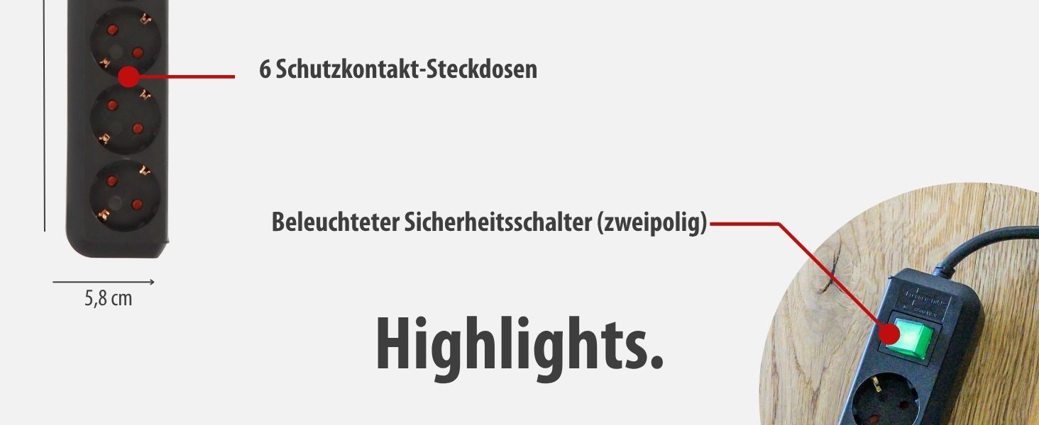 Der Text lautet „Highlights“. Technisches Diagramm, das die Sicherheitsmerkmale eines Geräts mit Messanzeigen und Beschriftungslinien zeigt.