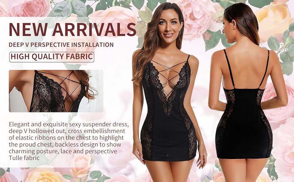 ADSEXY Lingerie for Women Sexy Lace Babydoll Deep V Neck Nightgown Naughty Negligee See Through