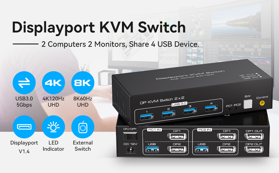 VPFET DisplayPort KVM Switch Dual Monitor 4K120HZ 8K60HZ DP 1.4 Switch