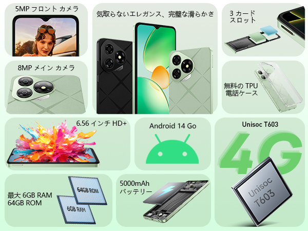 ⭐️スマホ⭐️Android14Go SIMフリー 4G対応　スマートフォン　6GB ⭐️スマホ⭐️Android14Go SIMフリー 4G対応 スマートフォン 6GB