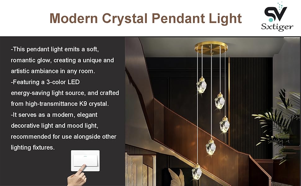 Sxtiger Modern Crystal Pendant Light, 3-Color LED Gold