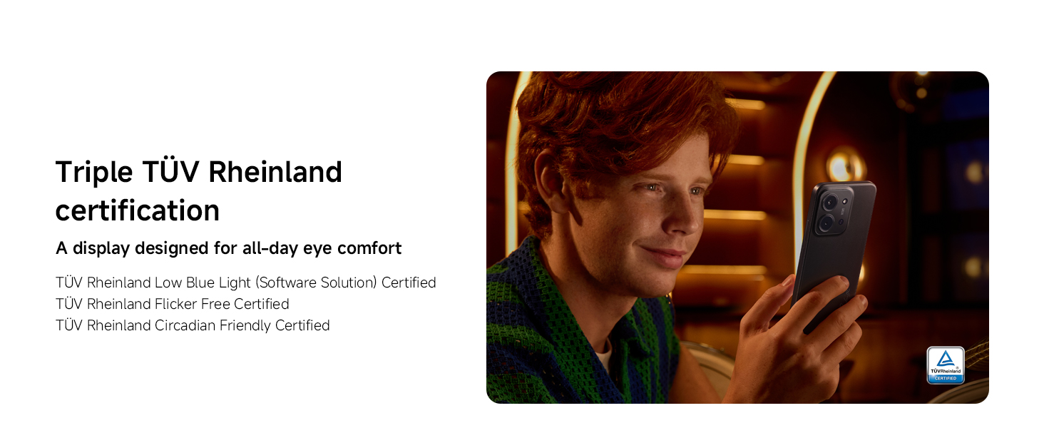 Text reads 'Triple TÜV Rheinland certification'. Series of people relaxing while listening, suggesting audio product marketing images.