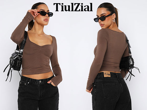 TiulZial Women's Long Sleeve Going Out Crop Top Sexy Pleated