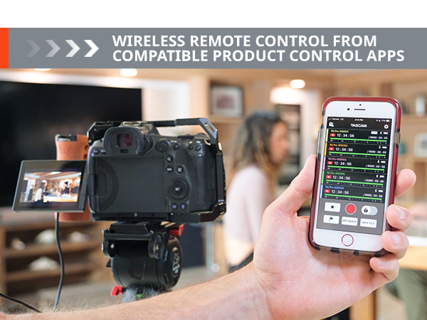 A DSLR camera recording a video of the interview and an iPhone used to monitor input via AK-BT1